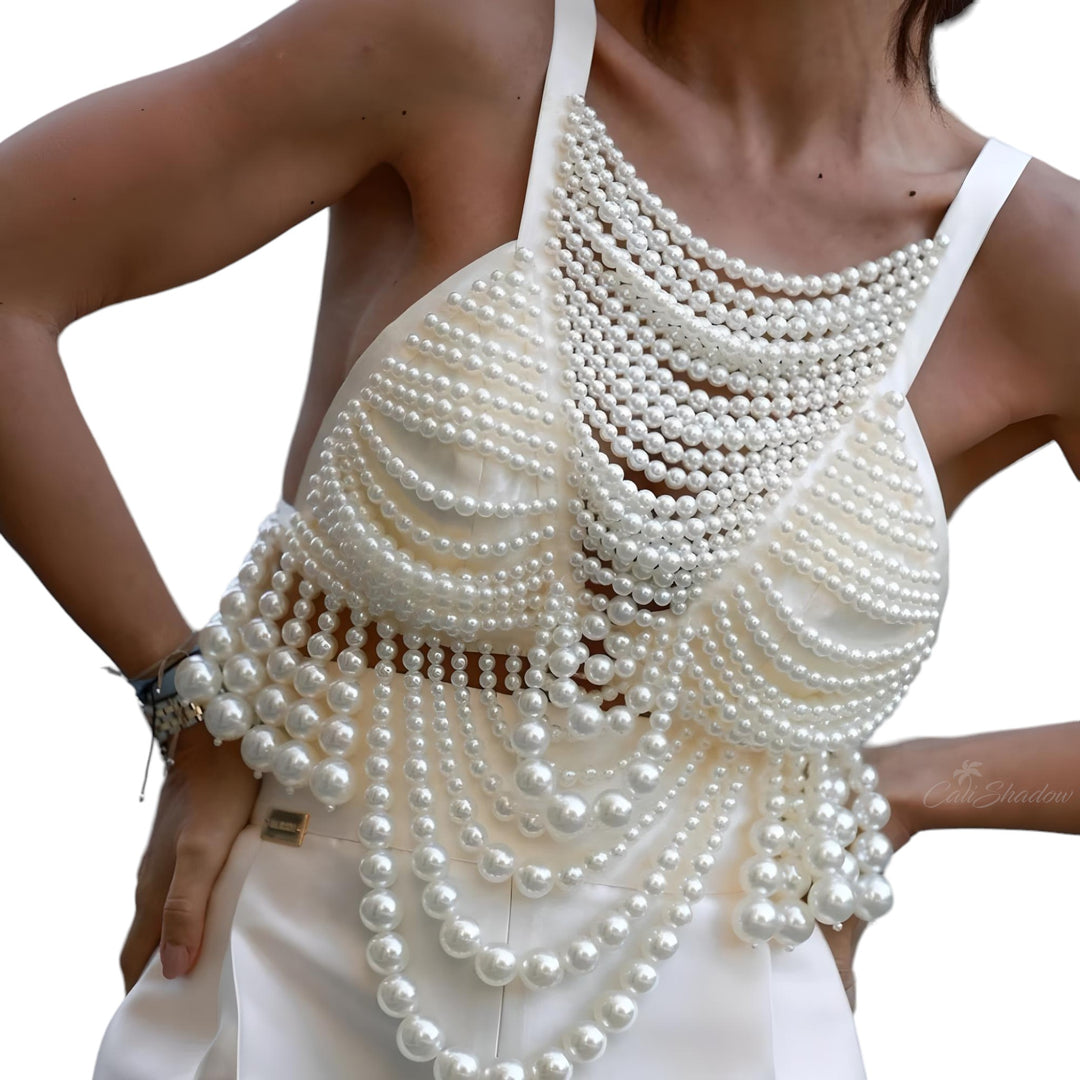 Rhinestone Multilayer Pearl Vest Tank Chest Decoration Elegant Body Jewelry Beaded Chain Harness Top for Women