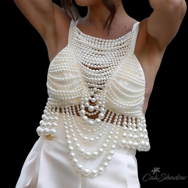 Rhinestone Multilayer Pearl Vest Tank Chest Decoration Elegant Body Jewelry Beaded Chain Harness Top for Women