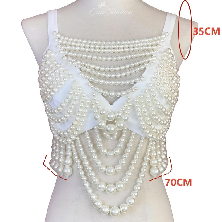Rhinestone Multilayer Pearl Vest Tank Chest Decoration Elegant Body Jewelry Beaded Chain Harness Top for Women