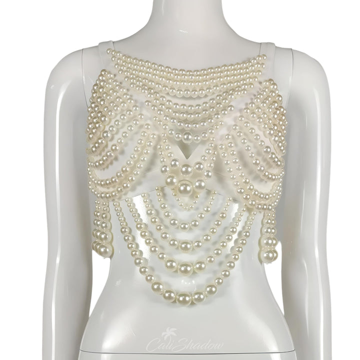 Rhinestone Multilayer Pearl Vest Tank Chest Decoration Elegant Body Jewelry Beaded Chain Harness Top for Women