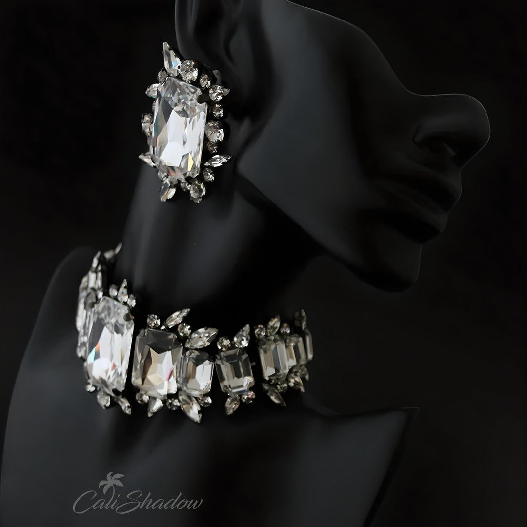 Bridal Geometric Necklace Earrings Set Wedding Accessories Rhinestone Exaggerate Square Women Jewelry Sets