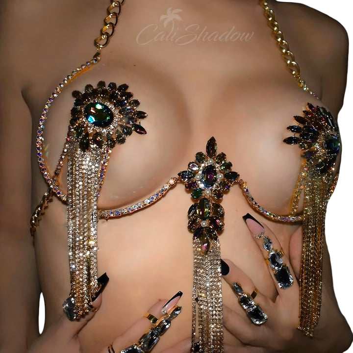 Evil Eye Tassel Bra Bracket Harness Bikinis Chest Chain Accessories Colorful Rhinestone Lingerie Jewelry for Women