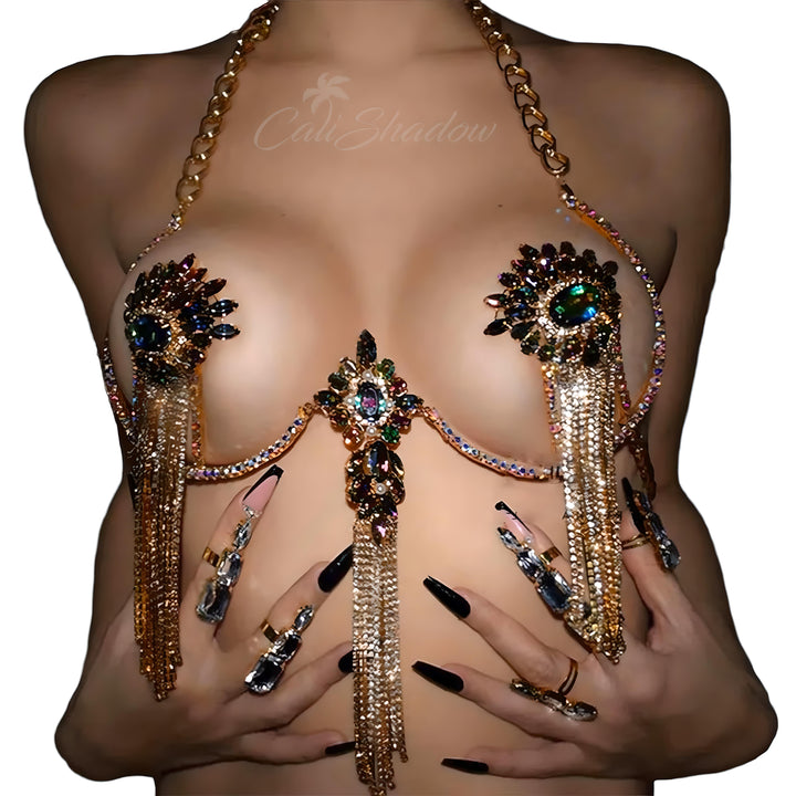 Evil Eye Tassel Bra Bracket Harness Bikinis Chest Chain Accessories Colorful Rhinestone Lingerie Jewelry for Women