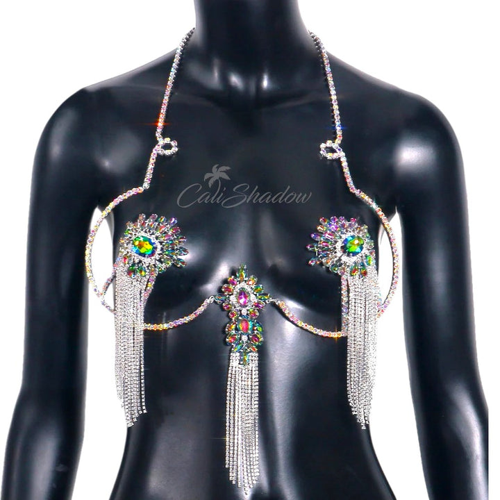 Evil Eye Tassel Bra Bracket Harness Bikinis Chest Accessories Colorful Rhinestone Lingerie Jewelry for Women