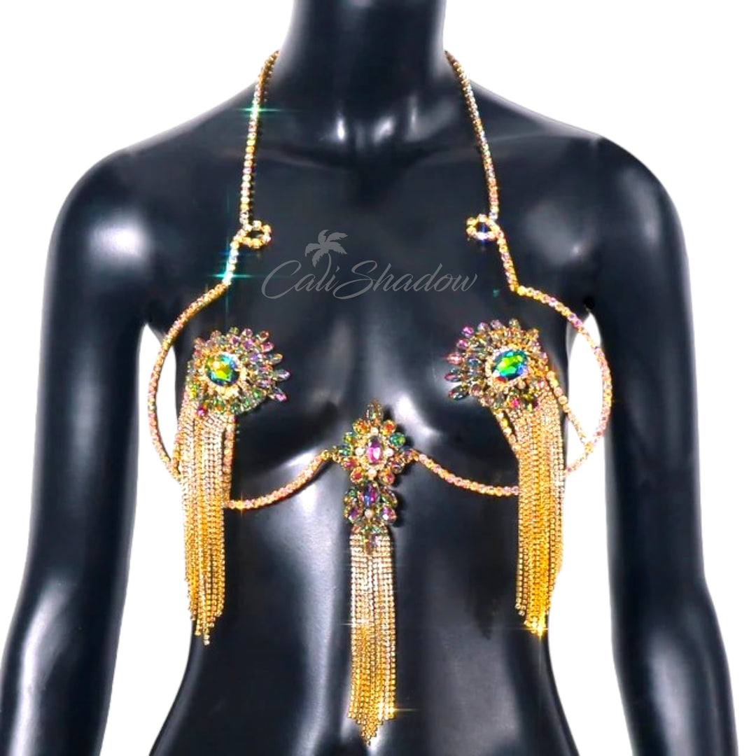 Evil Eye Tassel Bra Bracket Harness Bikinis Chest Accessories Colorful Rhinestone Lingerie Jewelry for Women