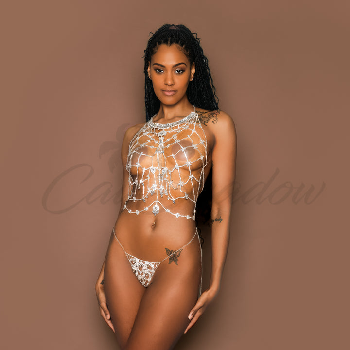 Sleeveless Top Rhinestone Body Chain Harness for Women Rave Clothing Hollow Crystal Lingerie Chain Bra Party Jewelry Body Jewelry