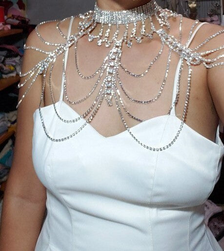 Hollow Multilayer Shoulder Chain Necklace Dress Accessories Bridal Clothing Lady Crystal Body Chain Wedding Jewelry