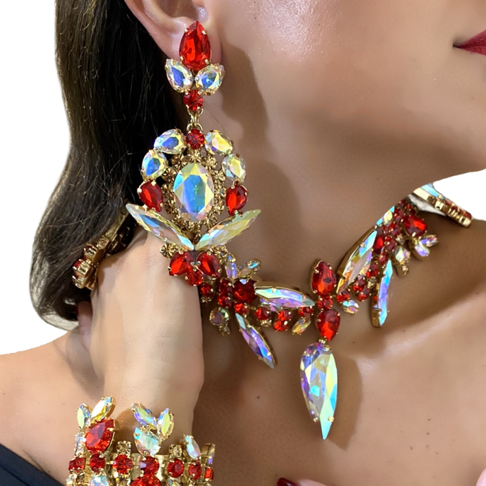 Shiny Colorful Rhinestone Statement Earrings Women Luxury Hanging Earrings Ear Jewelry