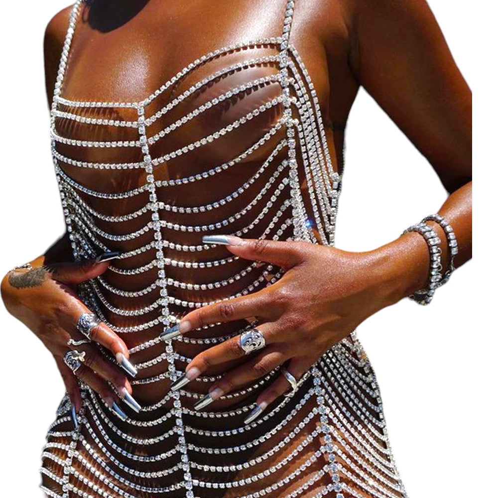 Rhinestone Bodysuit Dress Women Top Summer Bikini Rave Body Chain Harness Body Jewelry