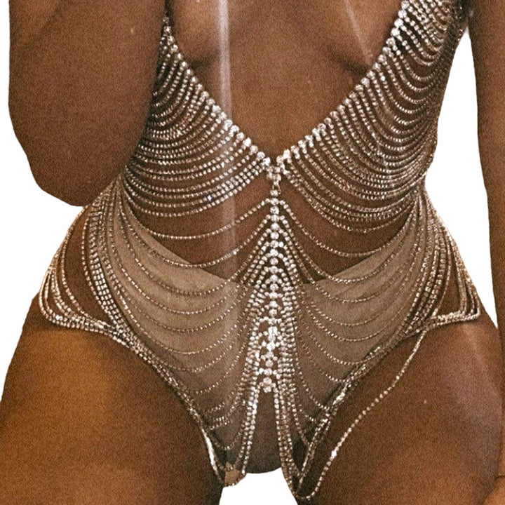 Bodies Tassel Rhinestone Harness Body Chain Skirt Crystal Bikini Dress Chest Lingerie Chain