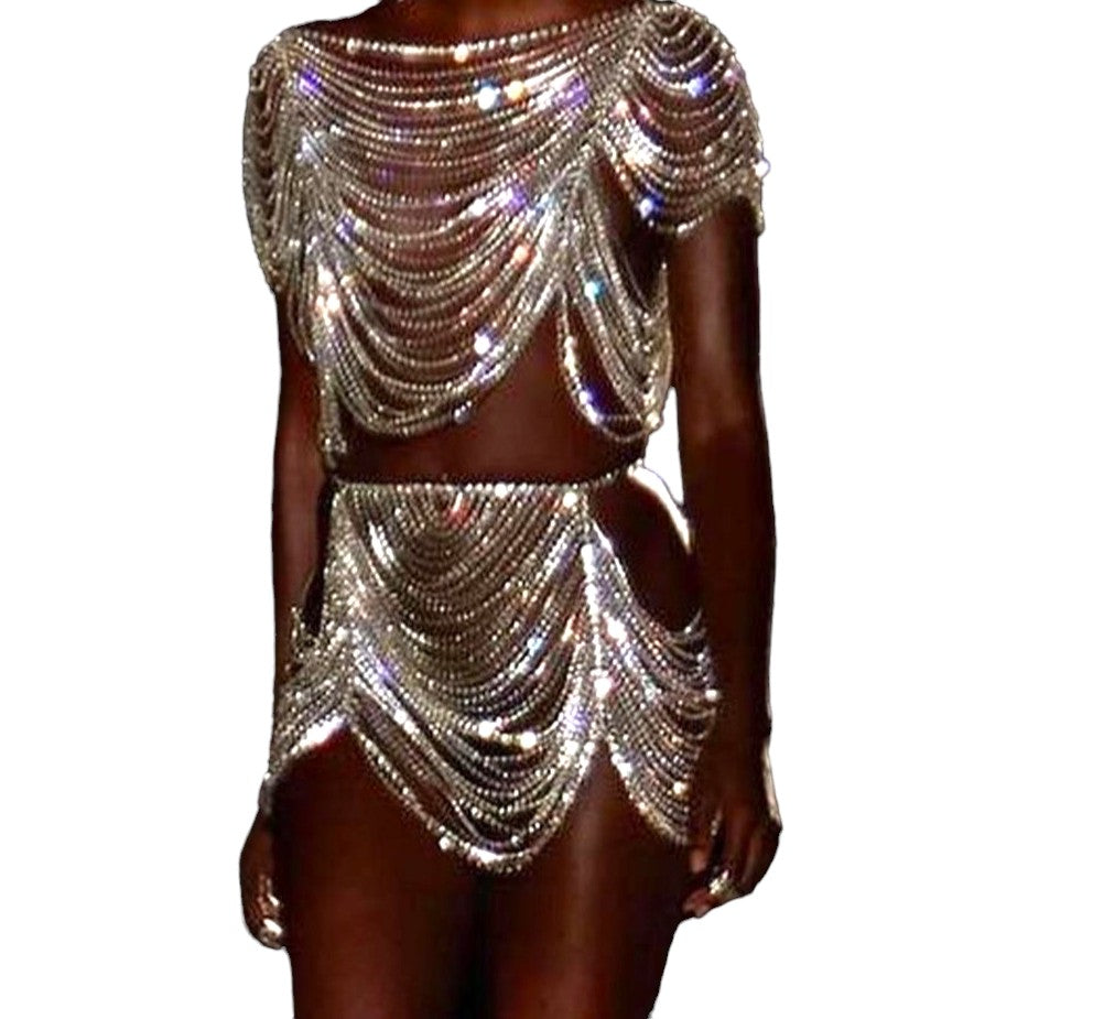 Rhinestone Lingerie Shoulder Chain Dress Bra for Women Set Bikini Jewelry Thong