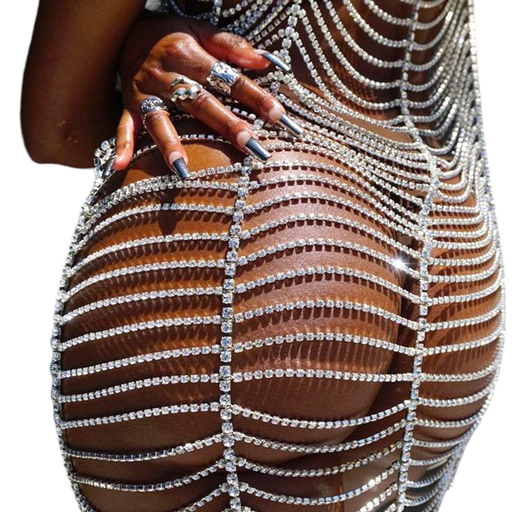 Rhinestone Bodysuit Dress Women Top Summer Bikini Rave Body Chain Harness Body Jewelry