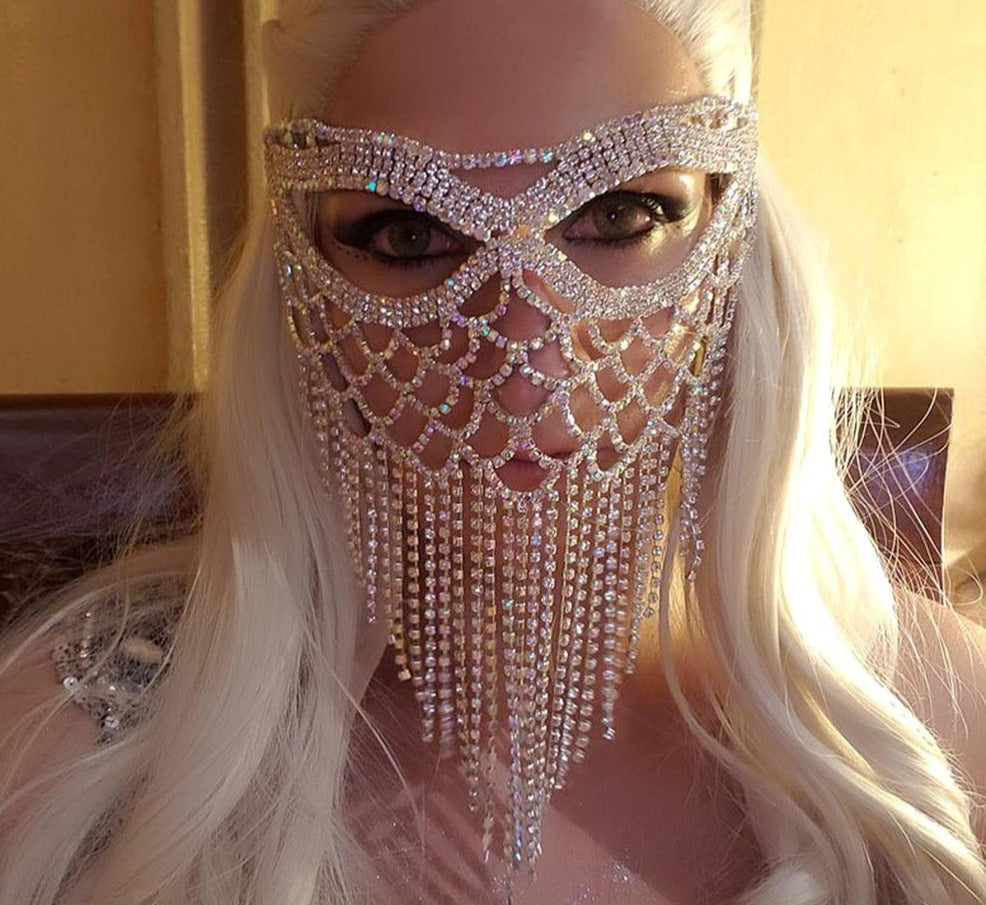 Crystal Tassel Face Mask Halloween Mask for Women Masquerade Mask Jewelry Rhinestone