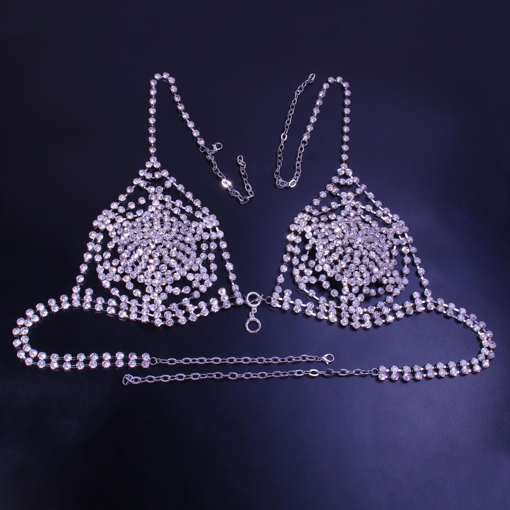 Sexy Body Chain Rhinestone Mesh Tassel Thong Cover Up for Women Beach Accessories Crystal Bra Bikini Underwear Jewelry