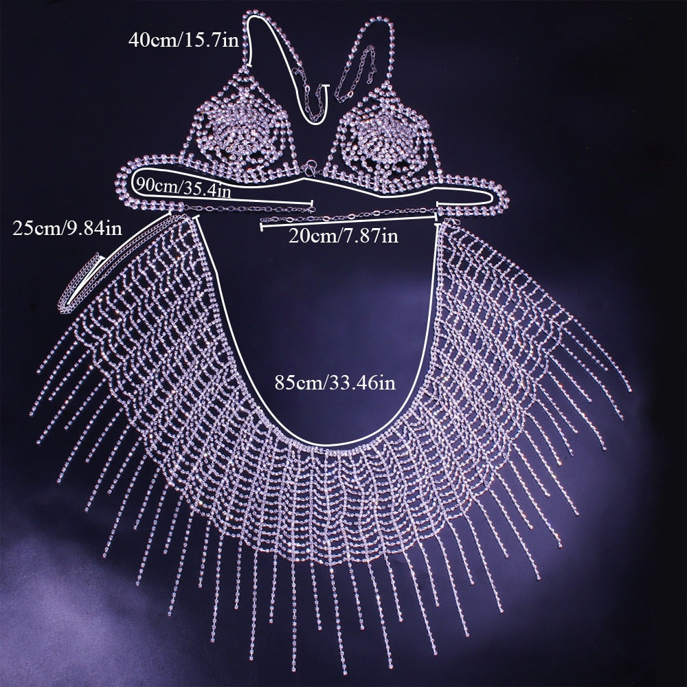 Sexy Body Chain Rhinestone Mesh Tassel Thong Cover Up for Women Beach Accessories Crystal Bra Bikini Underwear Jewelry