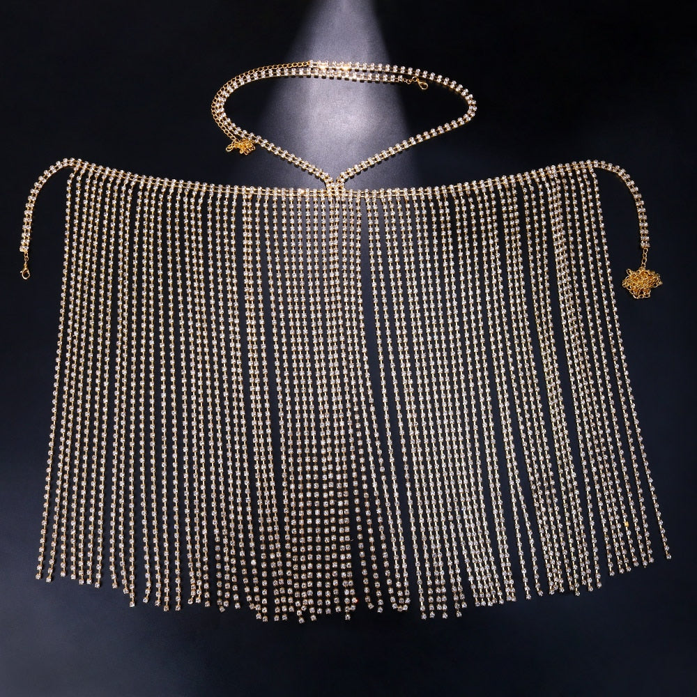 Glitter Long Tassel Rhinestone Skirts Belt Women Wrap Hip Jewelry Crystal Waist Chain Belly Beach Cover Up Bikini