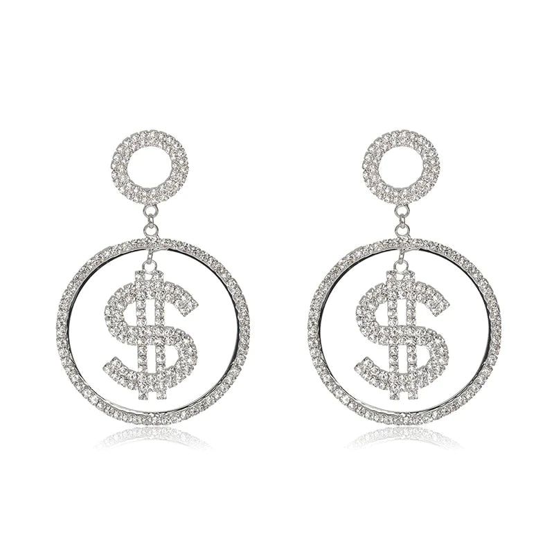 Black Dollar Dangle Earrings for Women Accessories Summer Statement Round Rhinestone Earrings Hoops Stud Jewelry