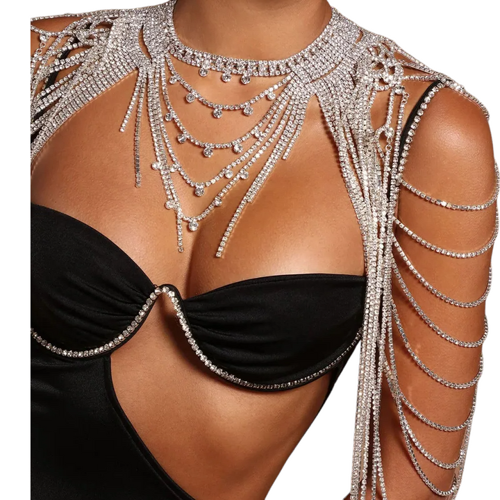 Layered Shoulder Chain Jewelry Dress Harness for Women Bridal Flapper Cover Up Rhinestone Body Jewelry Wedding Accessories