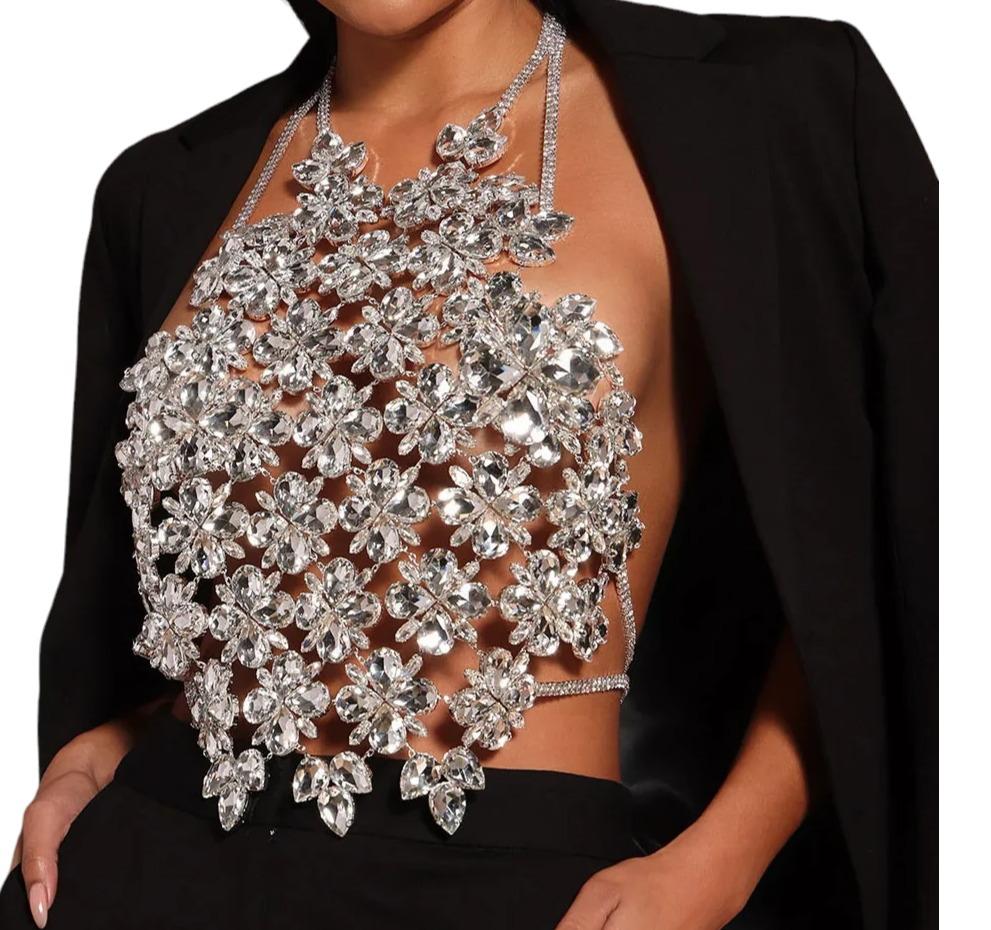 Rhinestone Crystal Flower Chest Chain Body Jewelry Bra Vest Nightclub Top Beach Outfit Rave for Women Gift