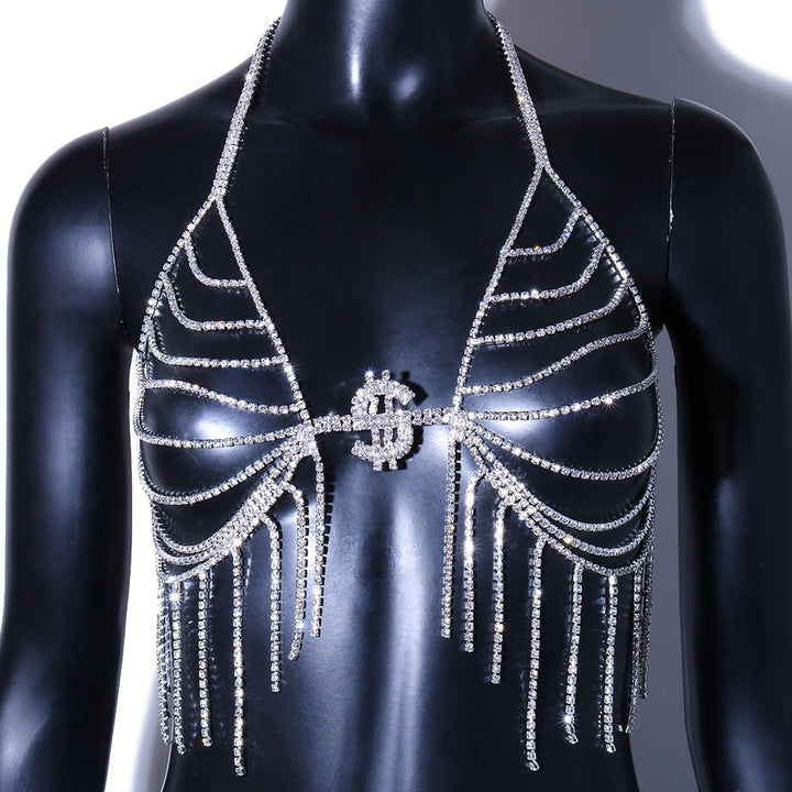 Luxury Dollar Sign Rhinestone Body Lingerie Sexy Tassel Body Chain Ladies Crystal Bra Top Chain Rave Chest Outfits