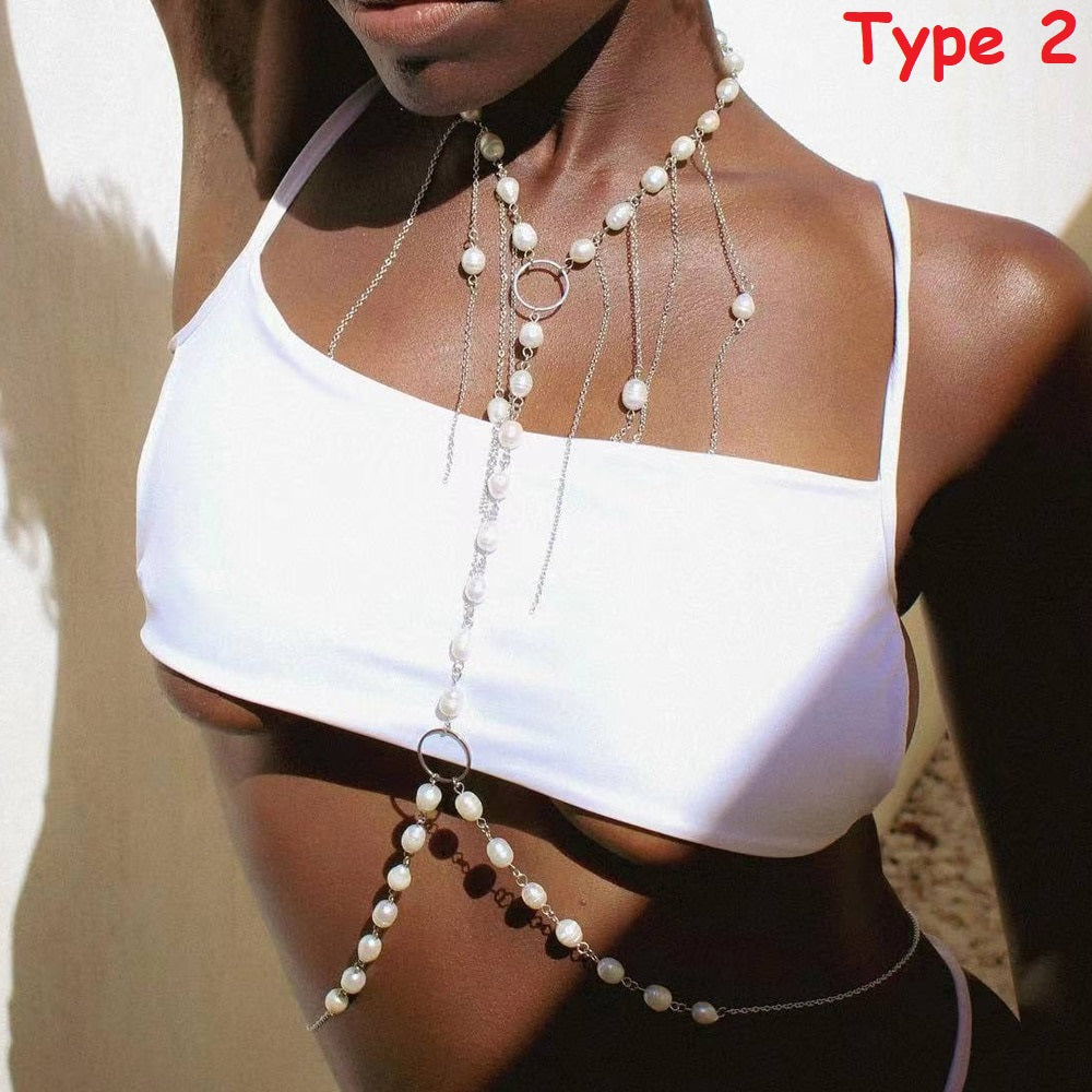 Pearl Chest Chain Necklace Body Accessories Festival Bra Bead Belly Waist Chain Harness Women Jewelry Summer Bikinis Body Chain