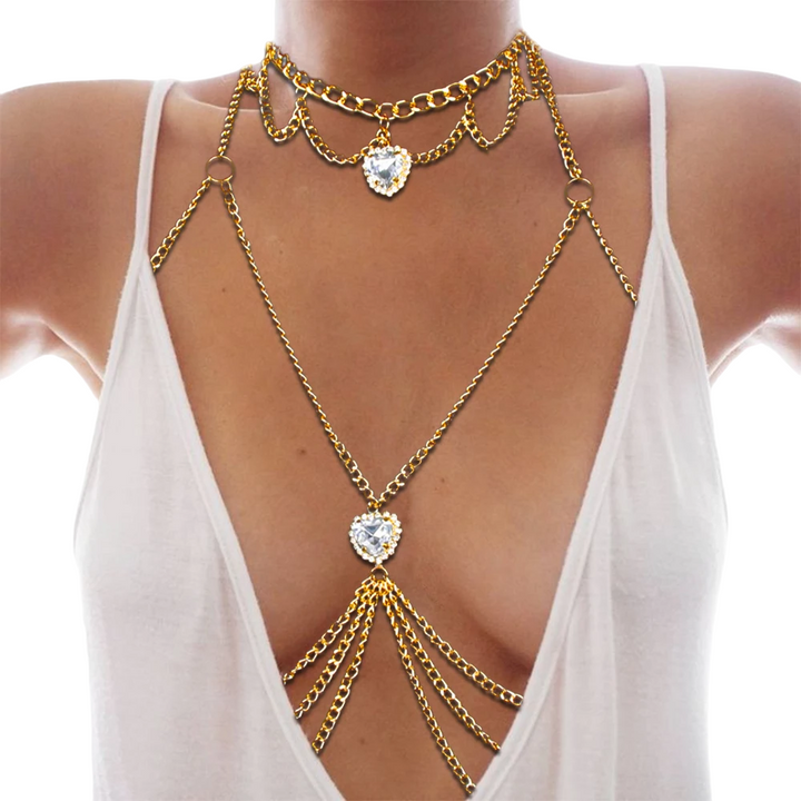 Heart Hollow Chest Chain Choker Rhinestone Body Chain Party Nightclub Body Jewelry Accessories Gifts
