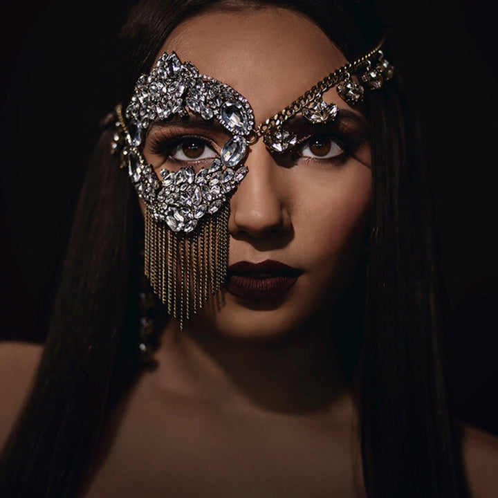 Half Tassel Mask Chain Rhinestone Halloween Face Decoration Masquerade Party Veils Headwear Face Jewelry for Women