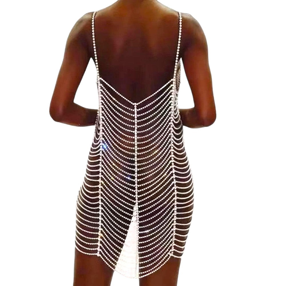 Rhinestone Bodysuit Dress Women Top Summer Bikini Rave Body Chain Harness Body Jewelry
