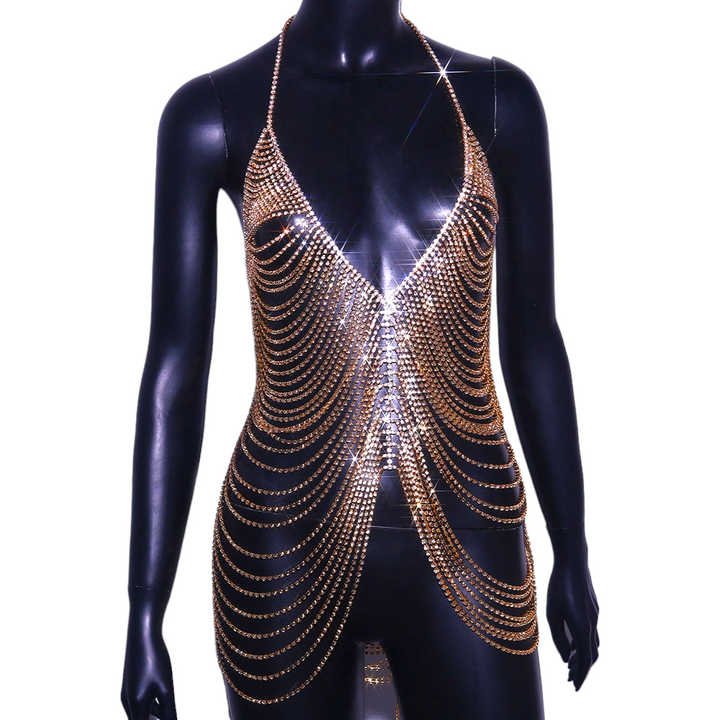Bodies Tassel Rhinestone Harness Body Chain Skirt Crystal Bikini Dress Chest Lingerie Chain