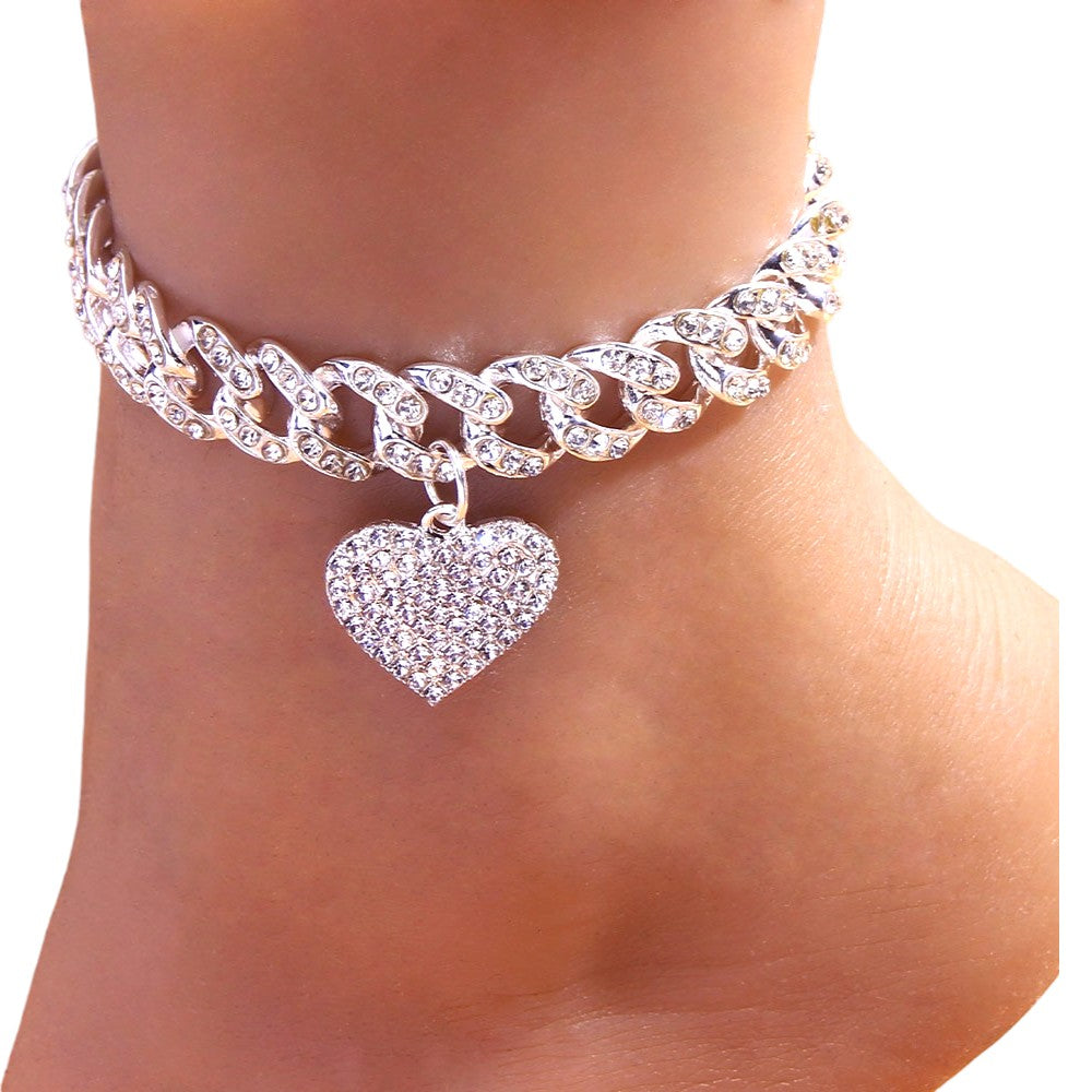 Chunky Miami Heart Shaped Cuban Link Foot Chain Anklet Bracelet Rhinestone