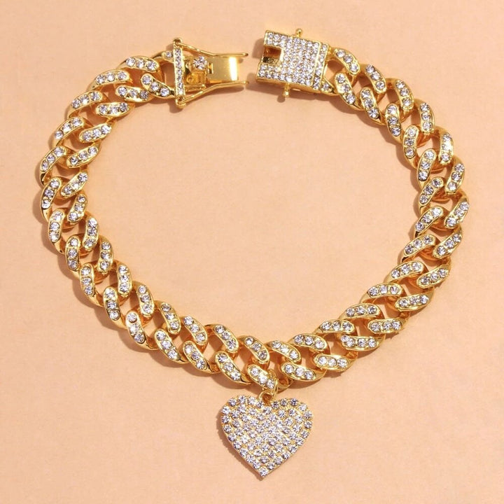 Chunky Miami Heart Shaped Cuban Link Foot Chain Anklet Bracelet Rhinestone