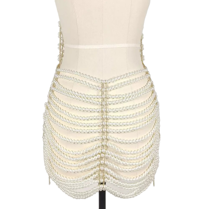 Imitation Pearl Top Multilayer Pearl Backless Mini Dress Bodysuit Skirt Body Jewelry Nightclub Women Outfit Rave