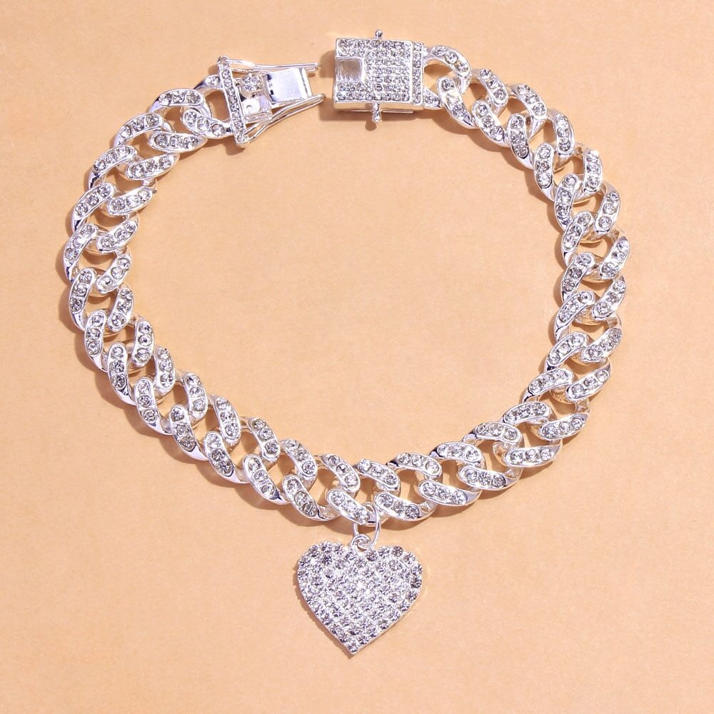 Chunky Miami Heart Shaped Cuban Link Foot Chain Anklet Bracelet Rhinestone