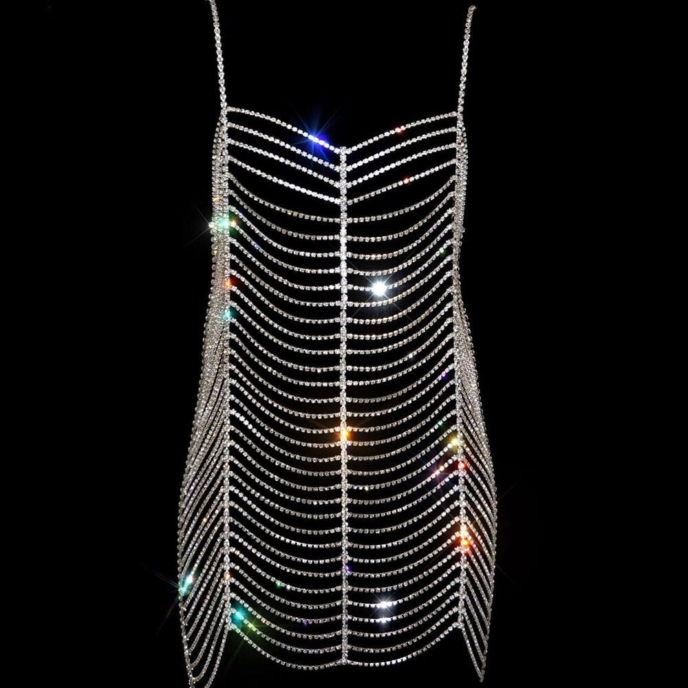 Rhinestone Bodysuit Dress Women Top Summer Bikini Rave Body Chain Harness Body Jewelry