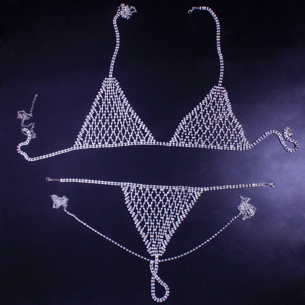 Sparkling Rhinestone Lingerie Set Mesh Bra Thong Body Chain Crystal Body Jewelry for Women