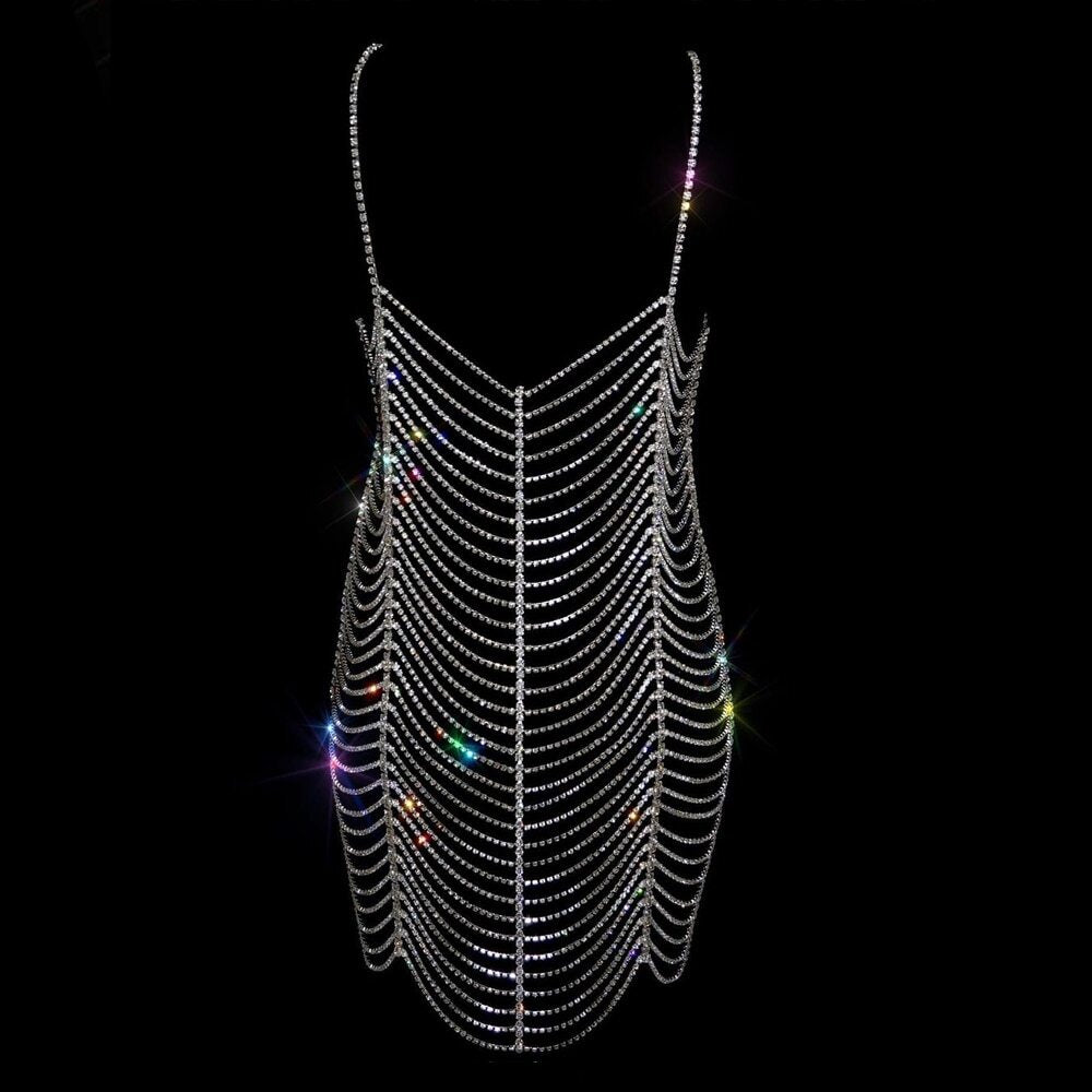 Rhinestone Bodysuit Dress Women Top Summer Bikini Rave Body Chain Harness Body Jewelry