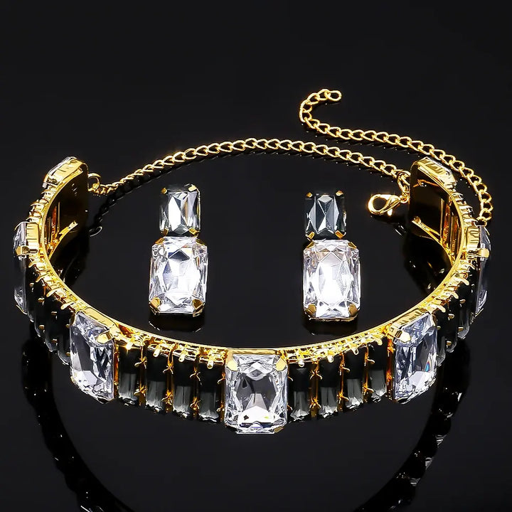 Exaggerate Choker Earrings Set Fashion Accessories Large Stone Rhinestone Wedding Jewelry Set Women