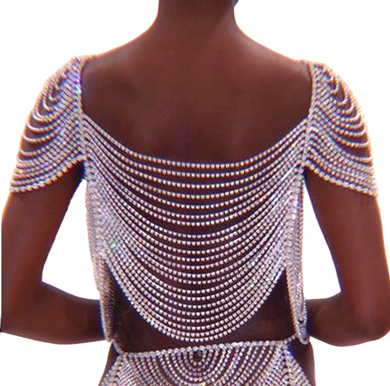 Rhinestone Lingerie Shoulder Chain Dress Bra for Women Set Bikini Jewelry Thong