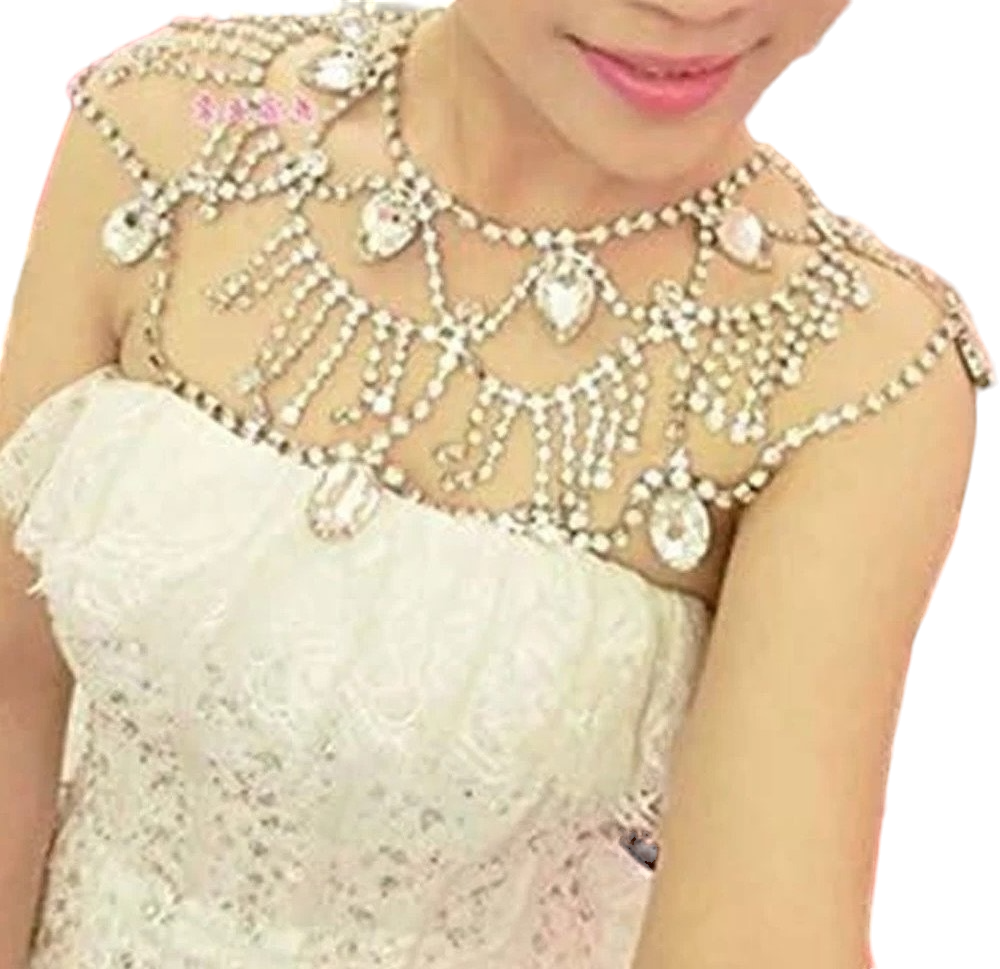 Tassel Shoulder Chain Necklace Dress Bridal Body Jewelry Wedding Accessories Water Drop Rhinestone for Women