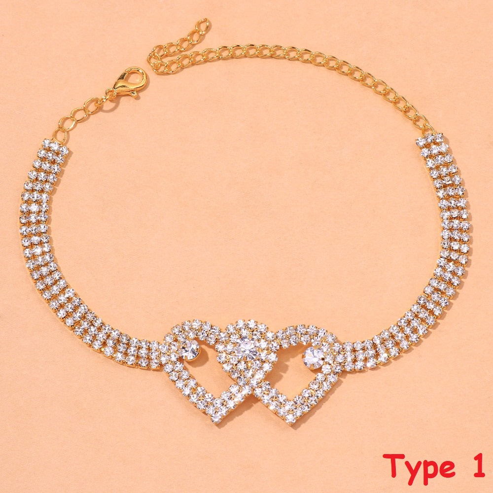 Rhinestone Double Heart Anklet Women Bling Hollow Out Leg Bracelet Chain Jewelry