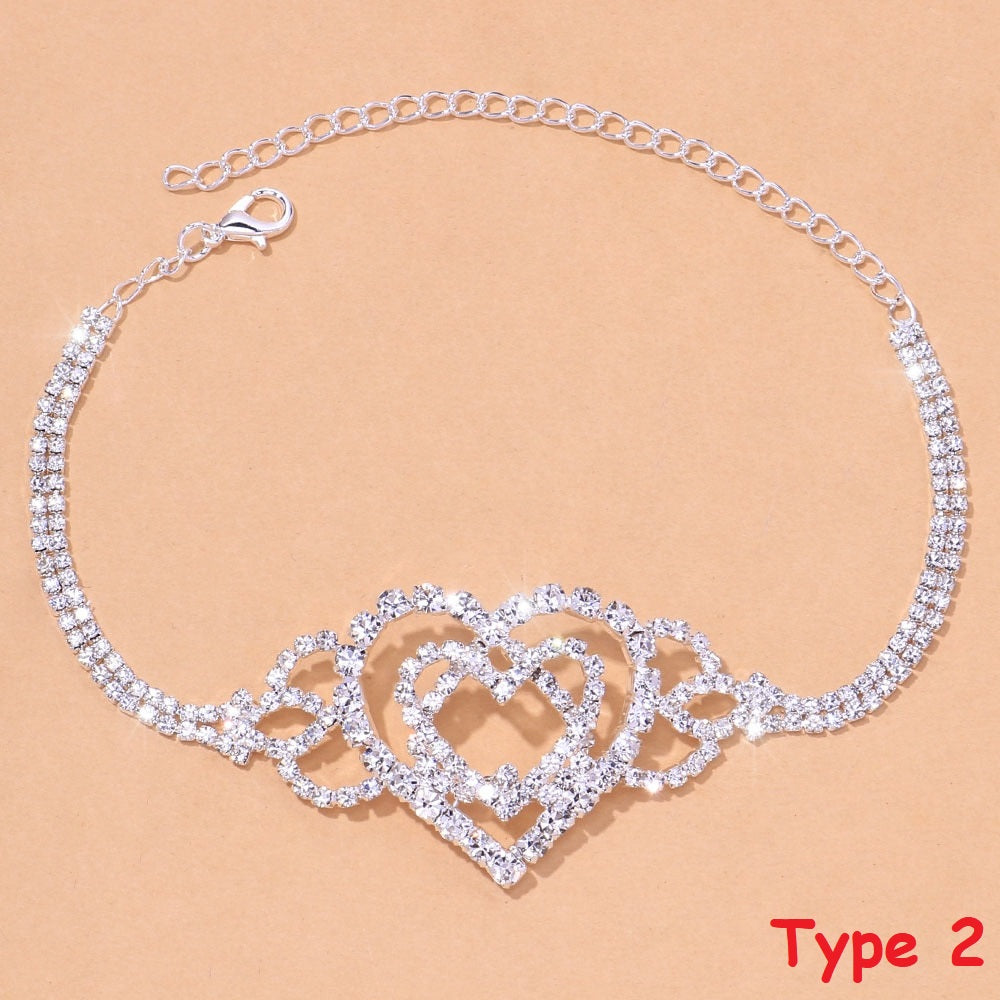 Rhinestone Double Heart Anklet Women Bling Hollow Out Leg Bracelet Chain Jewelry