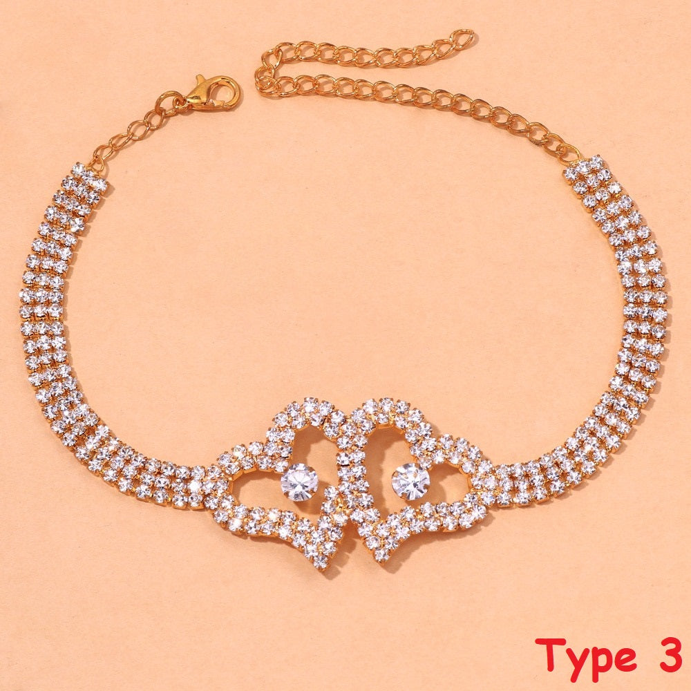 Rhinestone Double Heart Anklet Women Bling Hollow Out Leg Bracelet Chain Jewelry