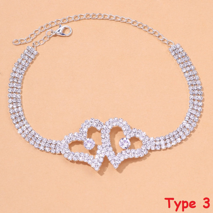 Rhinestone Double Heart Anklet Women Bling Hollow Out Leg Bracelet Chain Jewelry