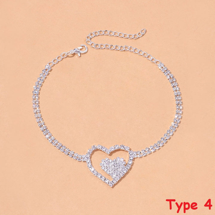 Rhinestone Double Heart Anklet Women Bling Hollow Out Leg Bracelet Chain Jewelry