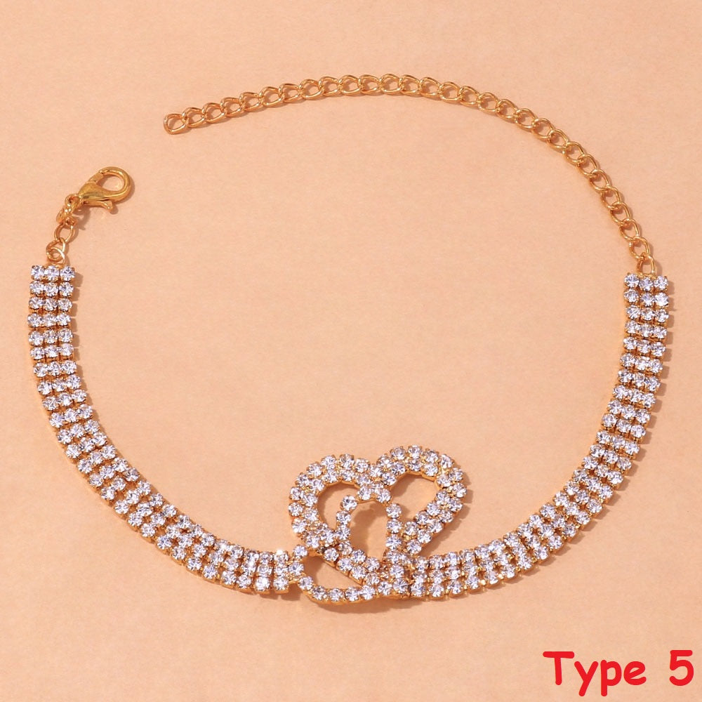 Rhinestone Double Heart Anklet Women Bling Hollow Out Leg Bracelet Chain Jewelry