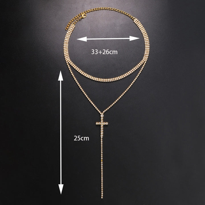 Double Layer Rhinestone Cross Choker Necklace Jewelry for Women Crystal Long Tassel Necklace
