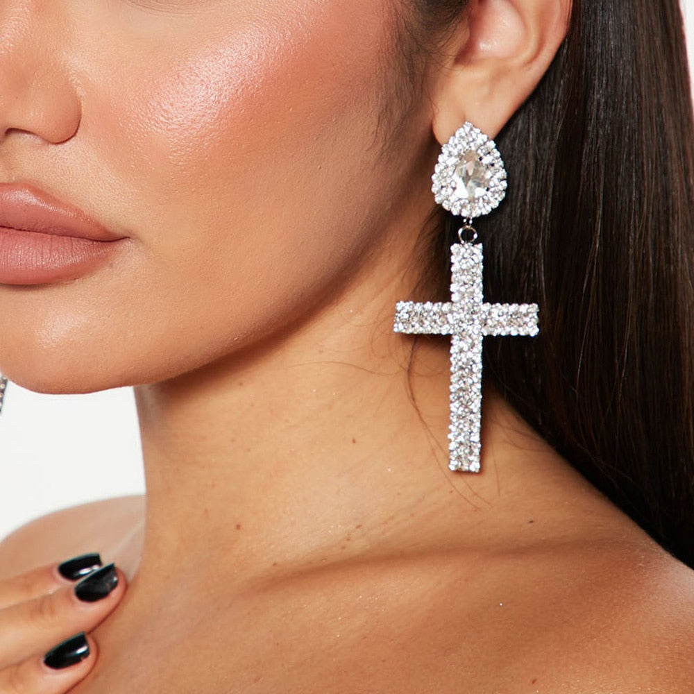 Vintage Crystal Cross Earrings Shiny Trend Zircon Water Drop Piercing Jewelry for Women Earrings Jewelry