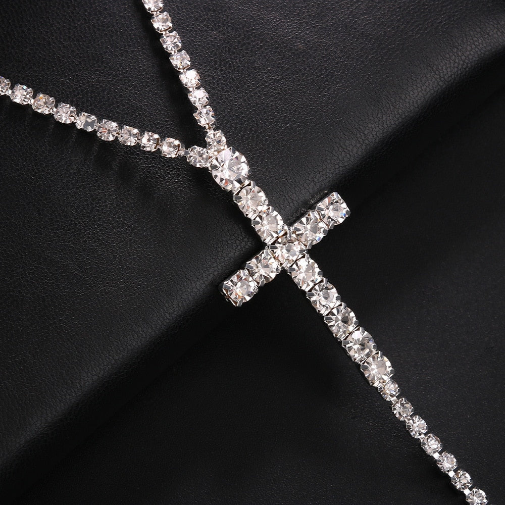Double Layer Rhinestone Cross Choker Necklace Jewelry for Women Crystal Long Tassel Necklace