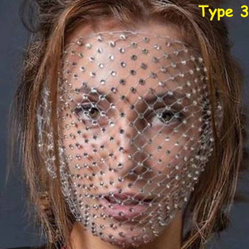 Mesh Rhinestone Face Jewelry Mask Bling Wedding Party Veil Women Full Crystal Face Shield Face Mask