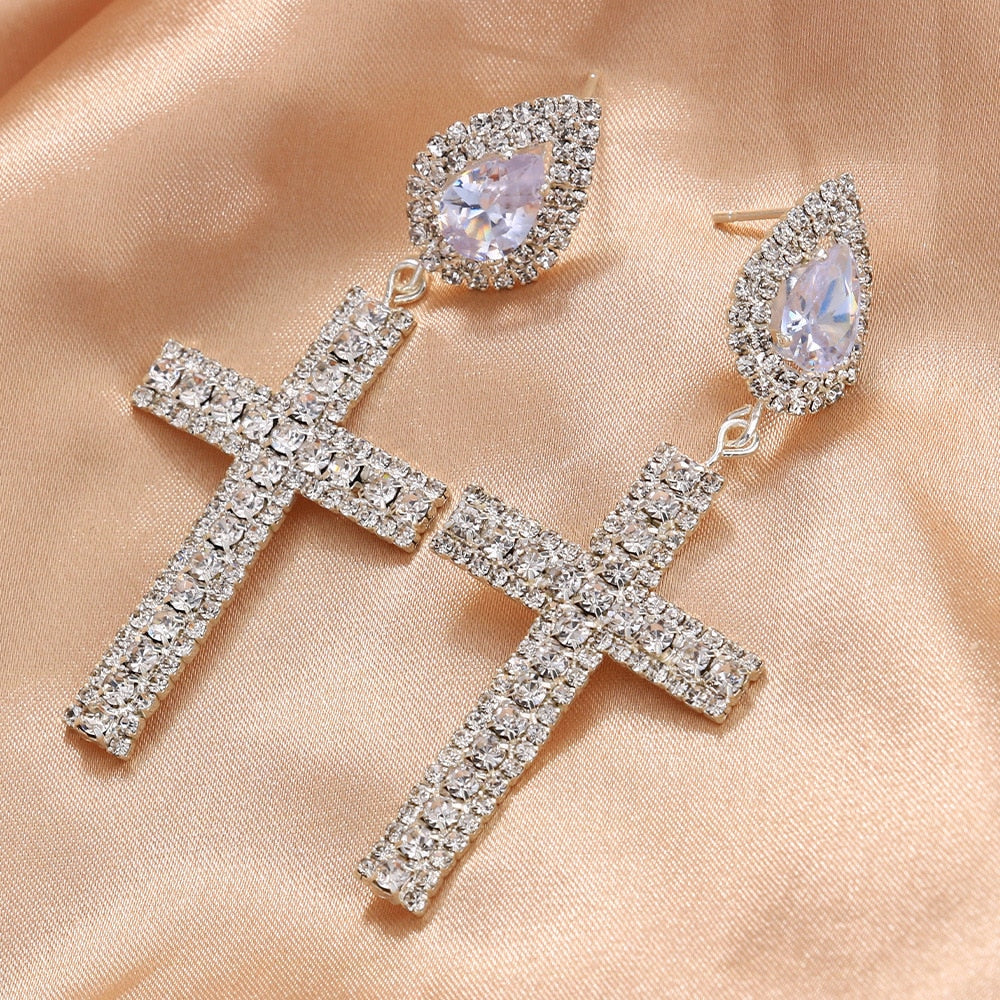 Vintage Crystal Cross Earrings Shiny Trend Zircon Water Drop Piercing Jewelry for Women Earrings Jewelry